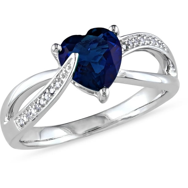 Amour 10k White Gold Created Blue Sapphire and Diamond Accent Anniversary Ring